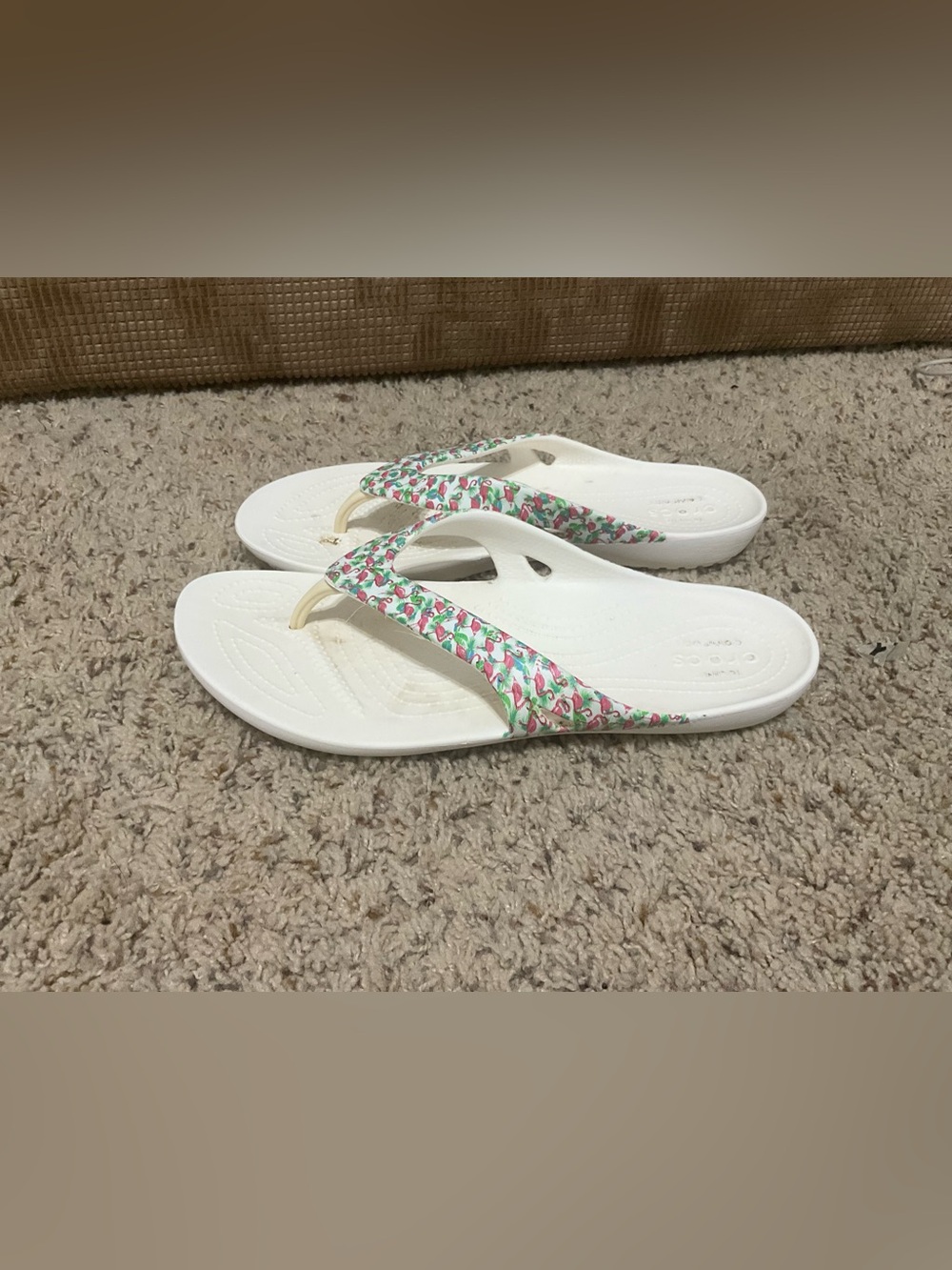 CROCS White Flip Sandals with Pink & Green Floral Strap. Women’s 11
